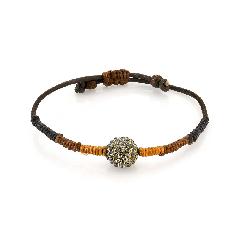 luxury silver bracelet -T.R.U. Black Diamond Fireball Crystal Brown Leather Cord Linen Wrapped Bracelet