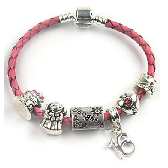 multi-strand bracelet for women -Teenager's Daughter 'Happy Birthday Chick' Age 13/16/18 Pink Braided Leather Charm Bead Bracelet