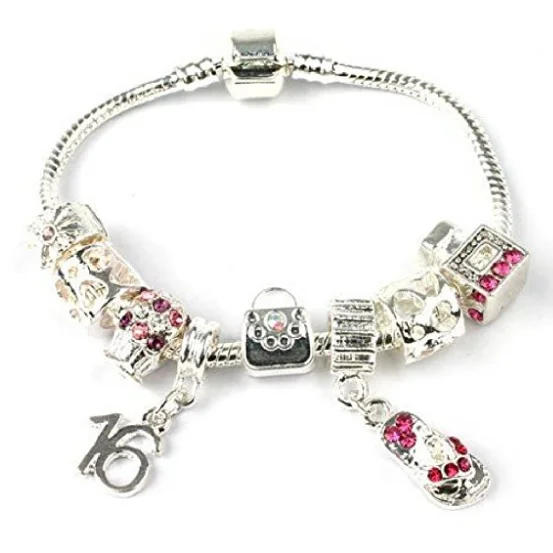 custom charm bracelet -Teenager's 'Handbags & Gladrags' Age 13/16/18 Silver Plated Charm Bead Bracelet