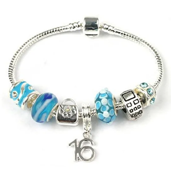 leather wrap bracelet -Teenager's 'Party All Night' Age 13/16/18 Silver Plated Charm Bead Bracelet