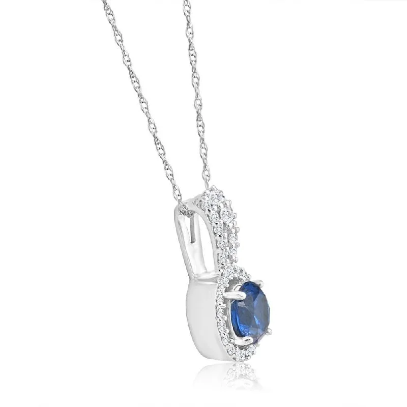 gemstone pendant necklace for women -1 1/2Ct TW Blue Sapphire Halo Diamond Pendant White Gold Women's Necklace