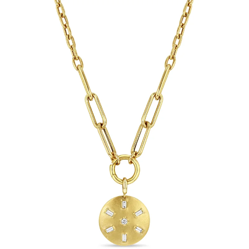 anchor pendant necklace -14k Baguette & Round Diamond Brushed Gold Domed Disc Mixed Chain Necklace