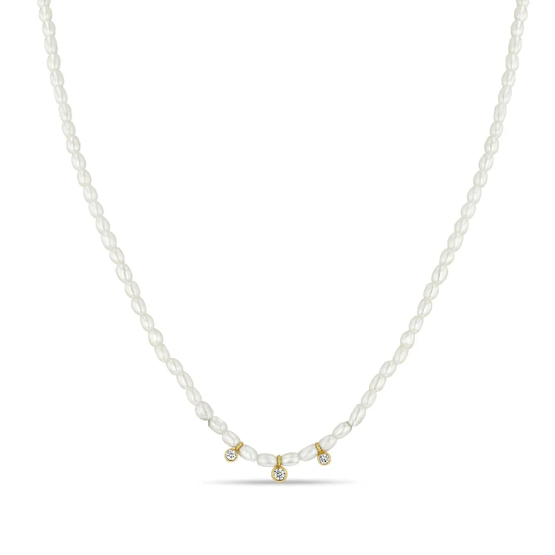 delicate gold necklace -14k 3 Graduated Diamond Bezel Rice Pearl Necklace