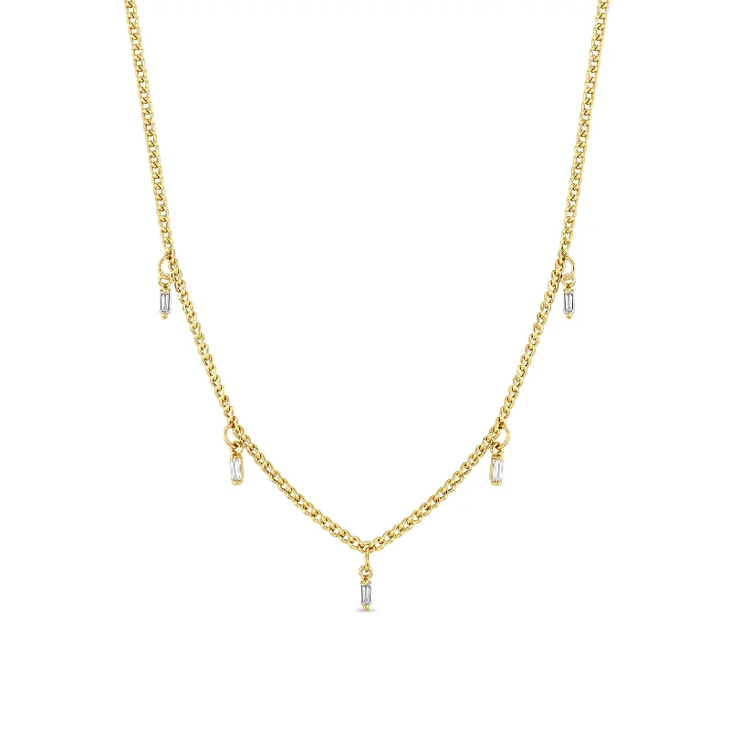 rose gold necklace for women -14k 5 Dangling Baguette Diamond Extra Small Curb Chain Necklace