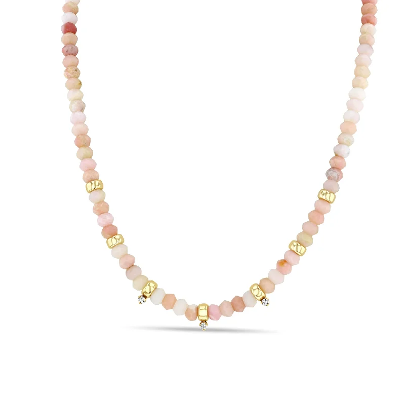 triple strand pearl necklace -14k Gold & Faceted Pink Opal Rondelle Bead Necklace with 3 Prong Diamonds