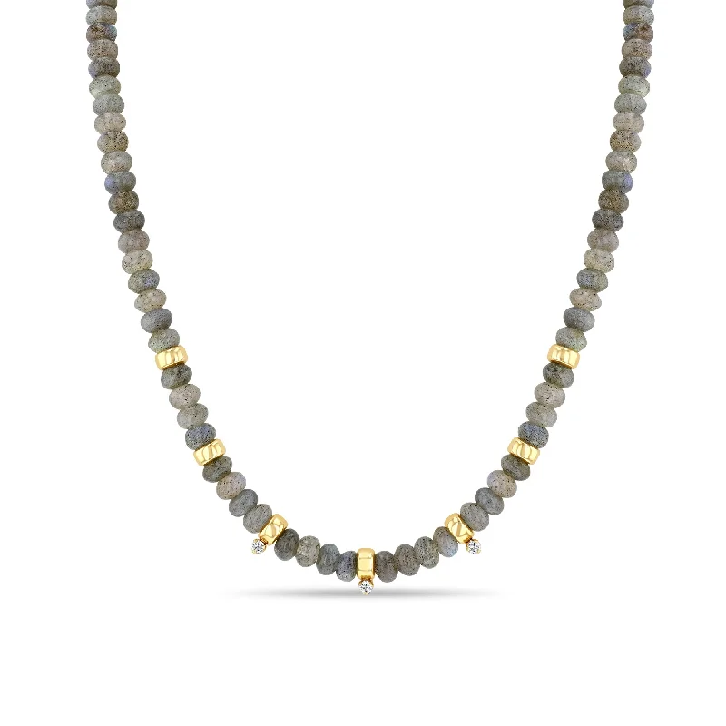 turquoise and silver necklace -14k Gold & Labradorite Rondelle Bead Necklace with 3 Prong Diamonds