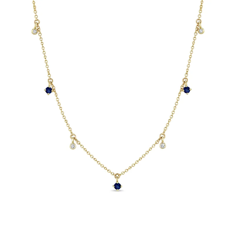 crystal healing necklace -14k Dangling Mixed Round Blue Sapphires & Diamonds Necklace