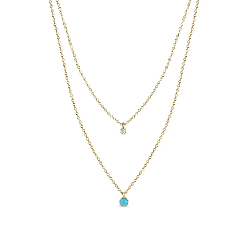 turquoise stone necklace -14k Diamond & Turquoise Bezel Layered Chain Necklace