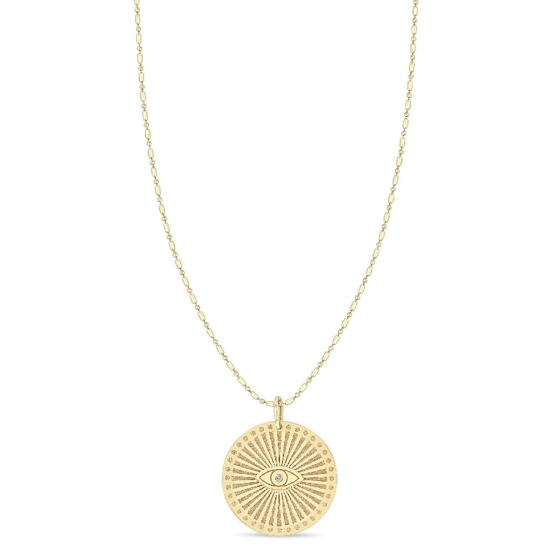 minimalist silver necklace -14k Diamond Evil Eye Medium Sunbeam Medallion Necklace