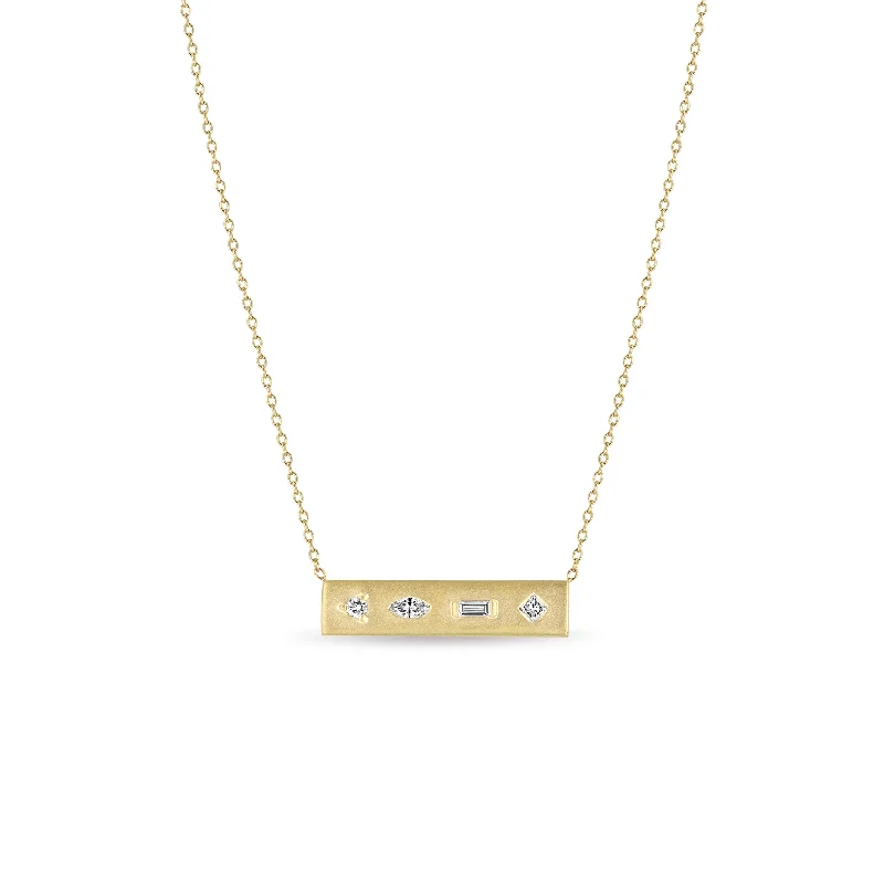 dainty bar necklace for women -14k Diamond Mosaic Brushed Gold Horizontal Bar Necklace