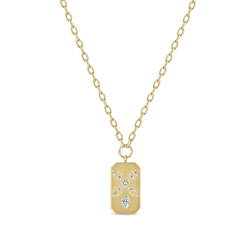 long statement necklace -14k Diamond Mosaic Brushed Gold Vertical Dog Tag Square Oval Chain Necklace