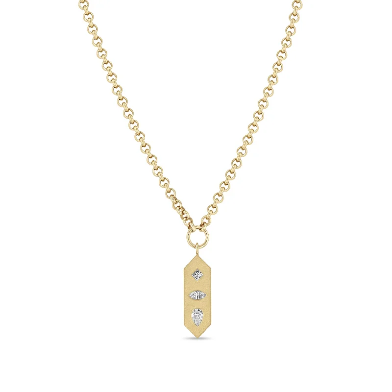 boho style pendant necklace -14k Diamond Mosaic Brushed Gold Vertical Hexagon Tag Rolo Chain Necklace