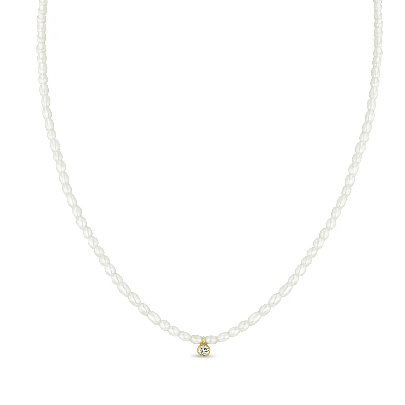 layered necklace for women -14k Diamond Pendant Rice Pearl Necklace