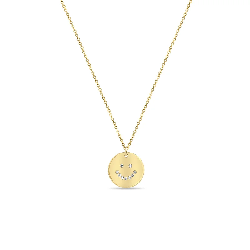 custom letter charm necklace -14k Diamond Smiley Face Disc Necklace