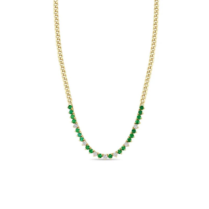 art deco style necklace -14k Emerald & Diamond Tennis Segment Small Curb Chain Necklace