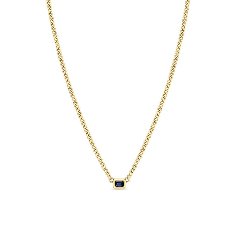 heart and key pendant necklace -14k Emerald Cut Blue Sapphire Bezel XS Curb Chain Necklace