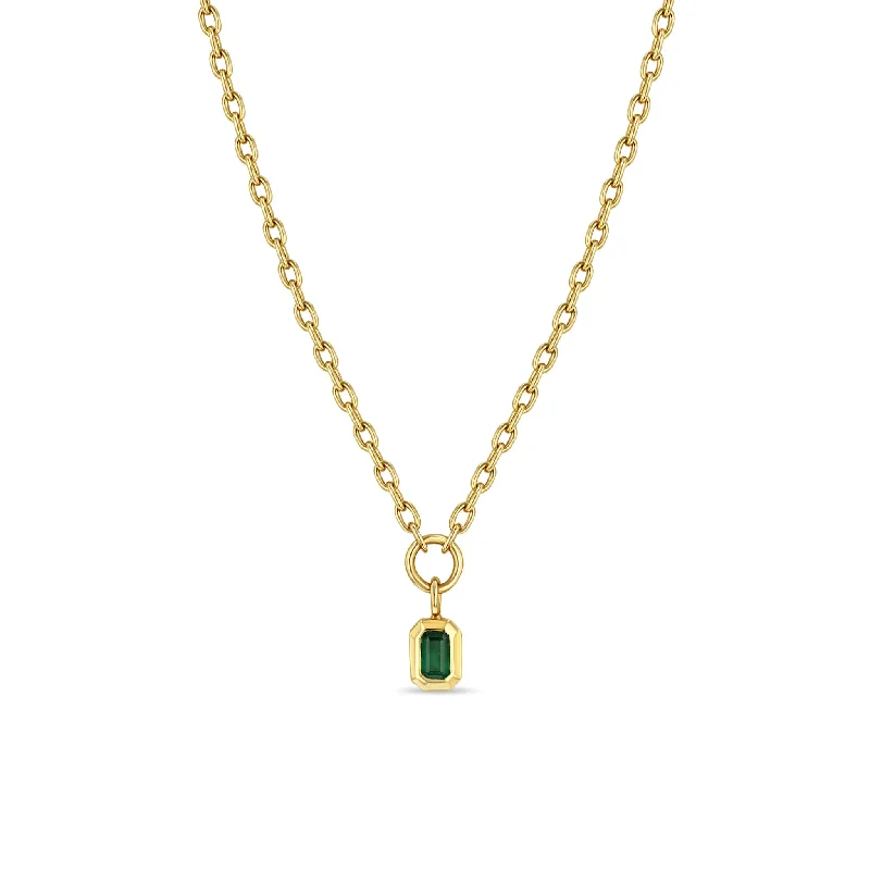 vintage cameo necklace -14k Emerald Cut Emerald Bezel Pendant Square Oval Chain Necklace