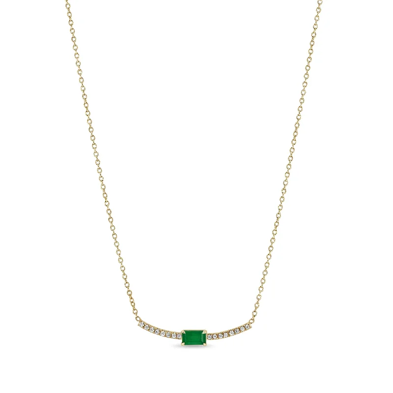 unique gemstone crystal necklace -14k Emerald Cut Emerald Curved Pavé Diamond Bar Necklace