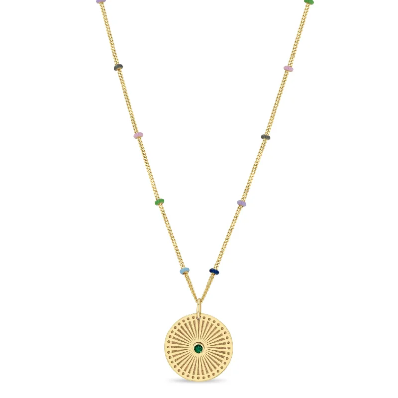 hammered gold pendant necklace -14k Gold Emerald Sunbeam Medallion Multicolor Satellite Chain Necklace