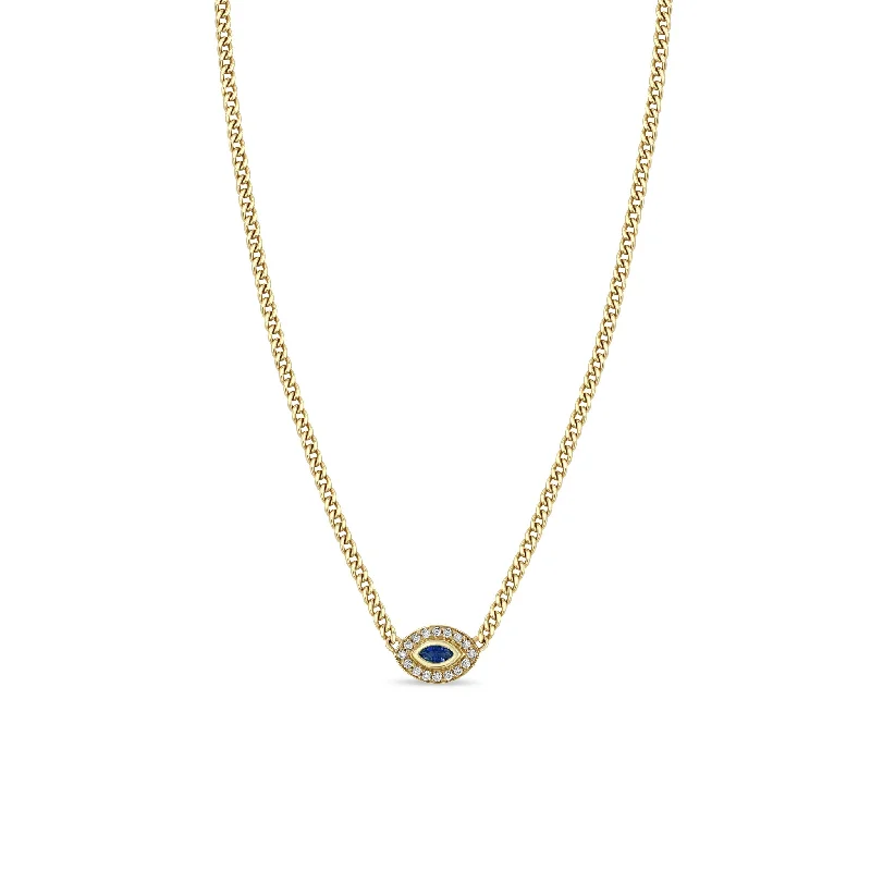 custom photo pendant necklace -14k XS Curb Chain Marquise Blue Sapphire Halo Necklace