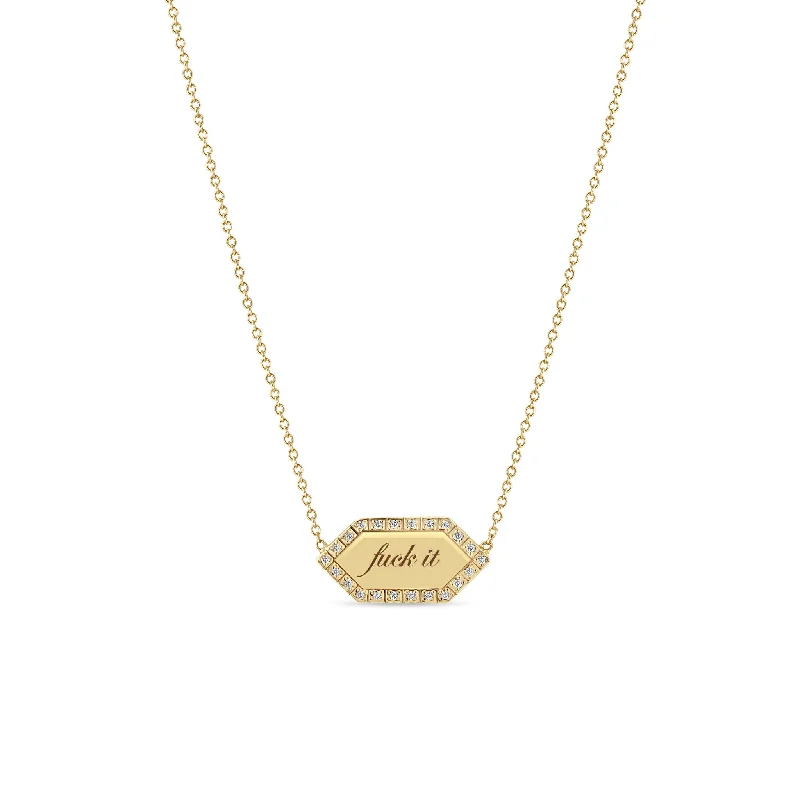 butterfly shaped pendant necklace -14k "fuck it" Elongated Hexagon Pavé Diamond Border Tag Necklace