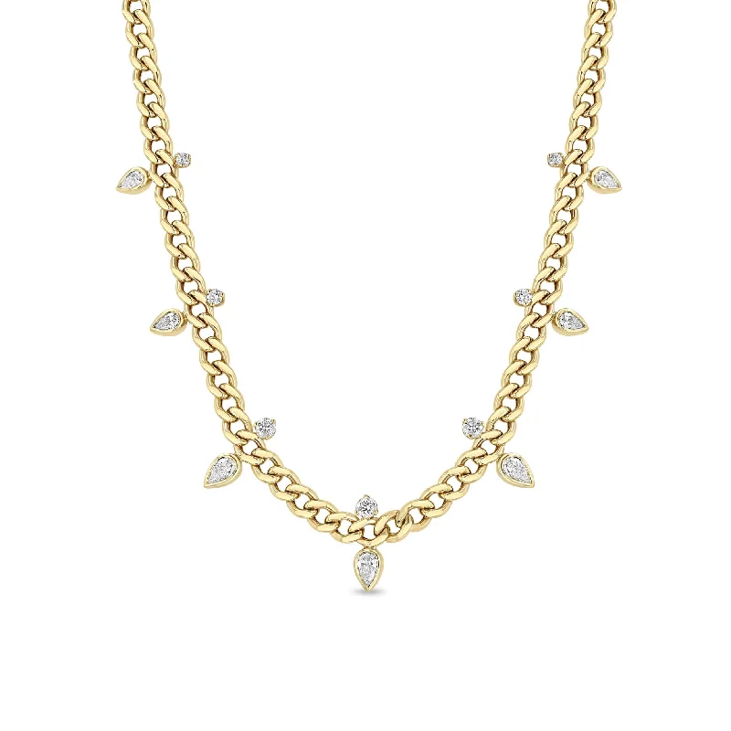 gold rope chain necklace -14k Graduated Stacked Pear & Round Diamond Medium Curb Chain Necklace