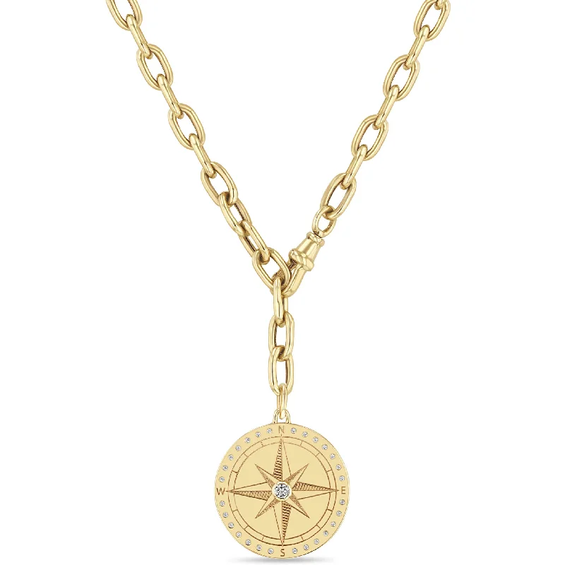 gold leaf pendant necklace -14k Large Compass Medallion Adjustable XL Square Oval Chain Necklace