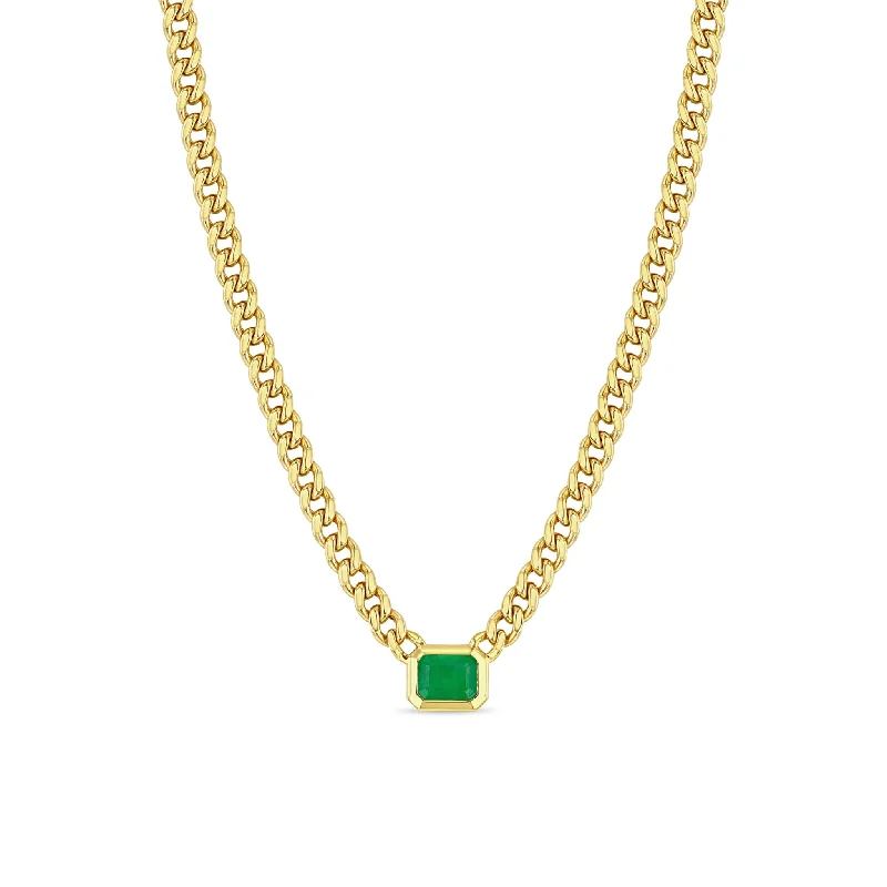 simple chain necklace for women -14k Medium Curb Chain Emerald Cut Emerald Bezel Necklace