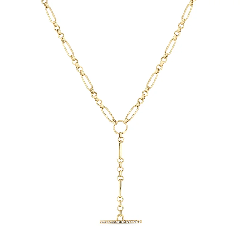 simple diamond necklace -14k Medium Paperclip Rolo Chain Pavé Diamond Toggle Lariat Necklace