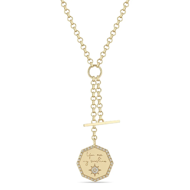 crystal healing necklace -14k Medium "You are my sunshine" Diamond Octagon Mantra & Toggle Rolo Chain Lariat