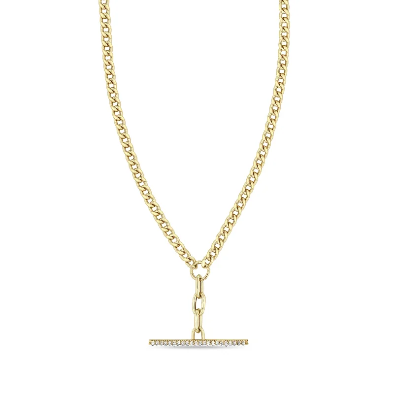 bar pendant necklace for men -14k Mixed Small Curb & Medium Square Oval Chain Pavé Diamond Toggle Lariat Necklace