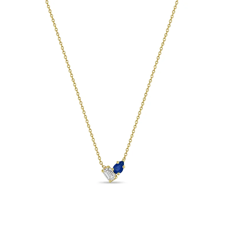 gold rope chain necklace -14k Pear Blue Sapphire & Emerald Cut Diamond Necklace