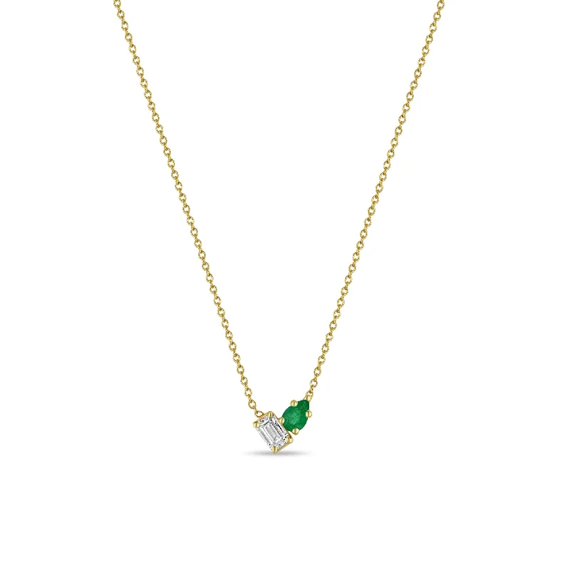 gold choker necklace for women -14k Pear Emerald & Emerald Cut Diamond Necklace