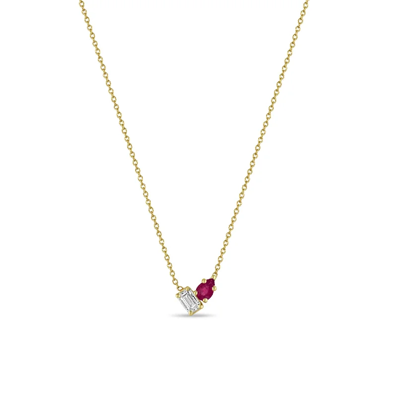 crystal healing necklace -14k Pear Ruby & Emerald Cut Diamond Necklace