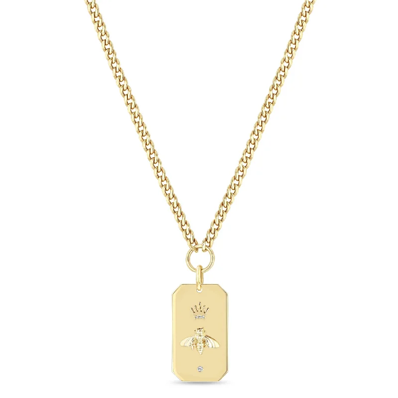 personalized name necklace -14k Queen Bee Large Square Edge Dog Tag Curb Chain Necklace