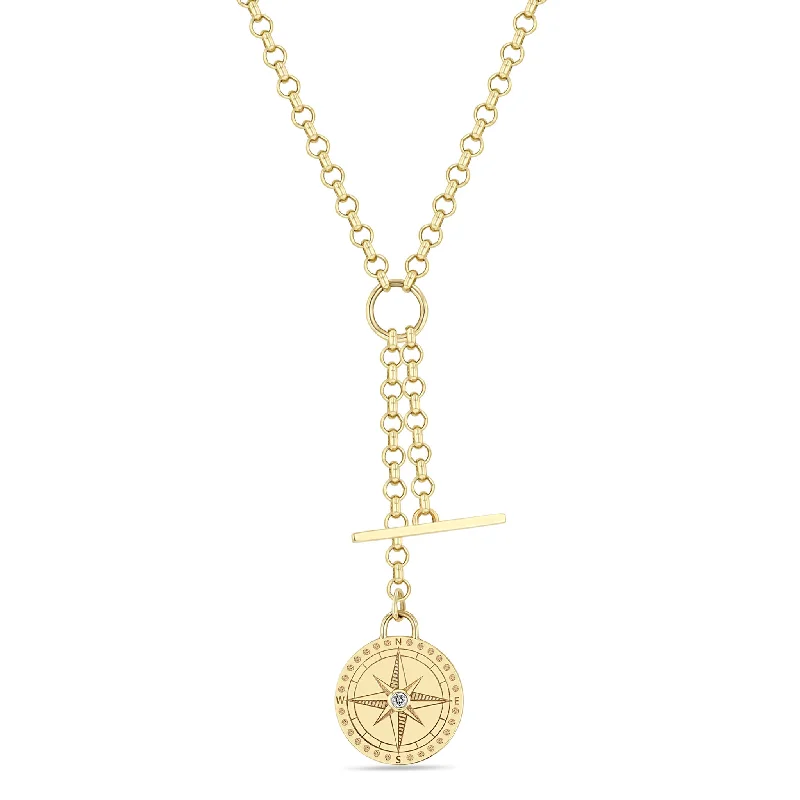 engraved name bar necklace -14k Small Compass Medallion & Toggle Medium Rolo Chain Lariat