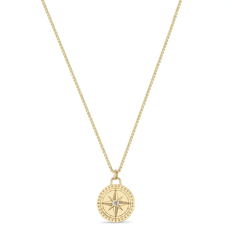 classic rope chain necklace -14k Small Compass Medallion Box Chain Necklace