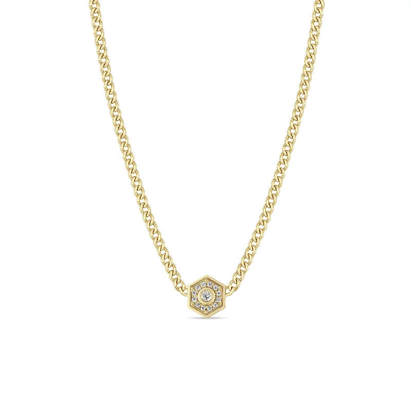 simple chain necklace for women -14k Small Curb Chain Diamond Hexagon Halo Necklace