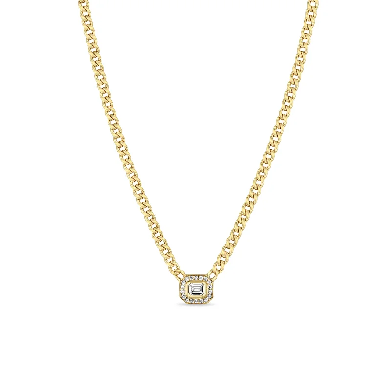 layered necklace for women -14k Small Curb Chain Emerald Cut Diamond Halo Necklace