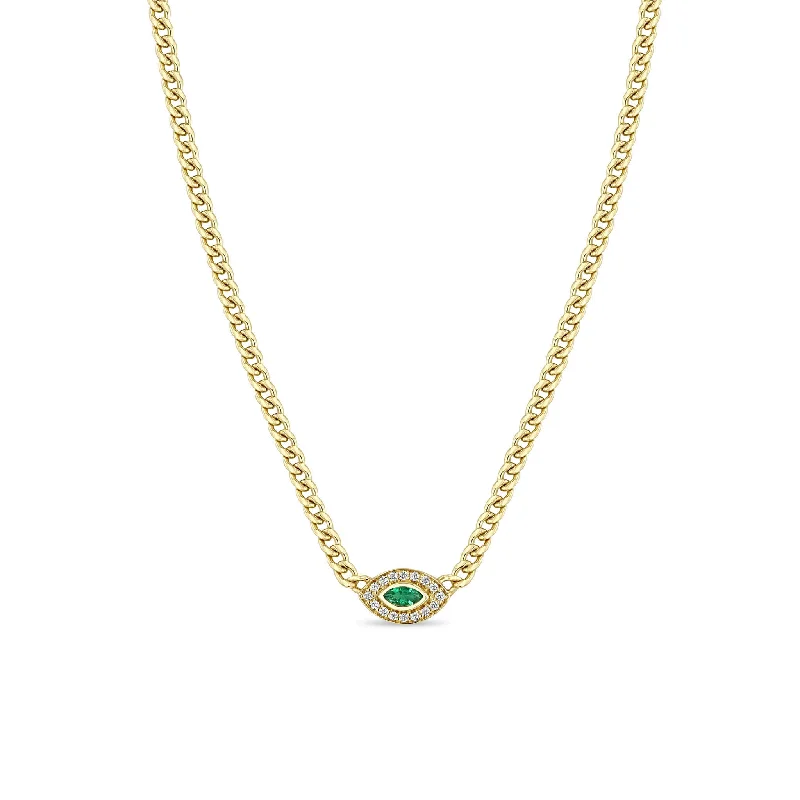 unique gemstone crystal necklace -14k Small Curb Chain Marquise Emerald Halo Necklace