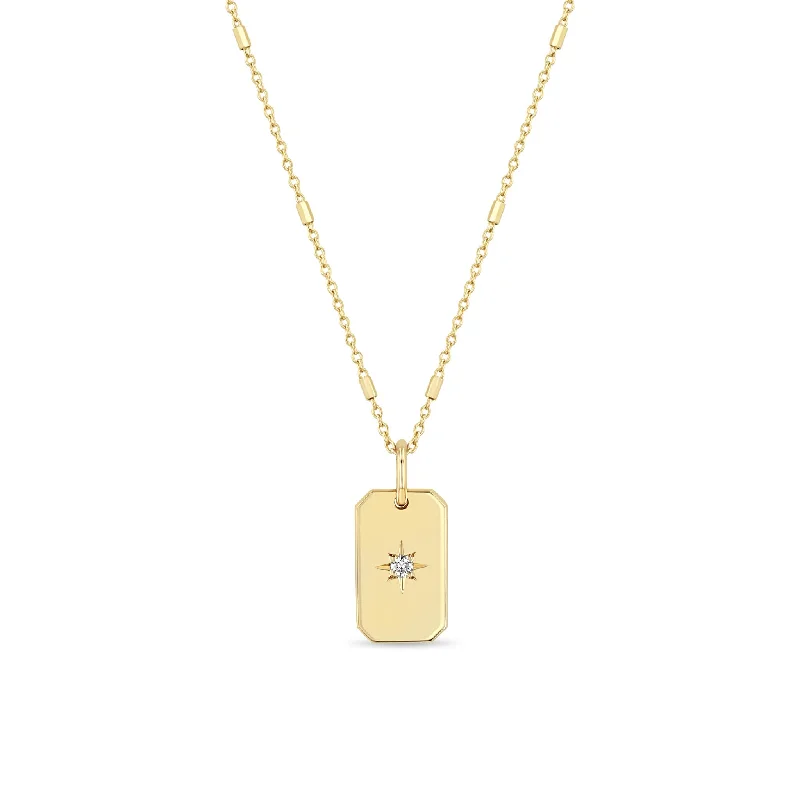 long statement necklace -14k Star Set Diamond Small Square Edge Dog Tag Necklace