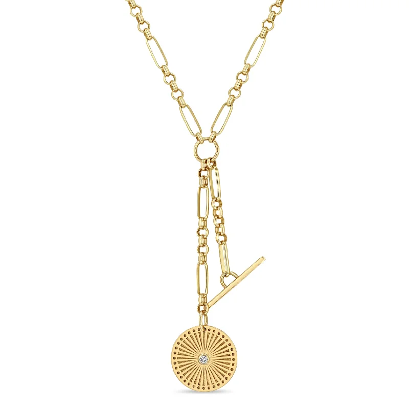 hammered gold pendant necklace -14k Small Sunbeam Medallion & Toggle Paperclip Rolo Chain Lariat