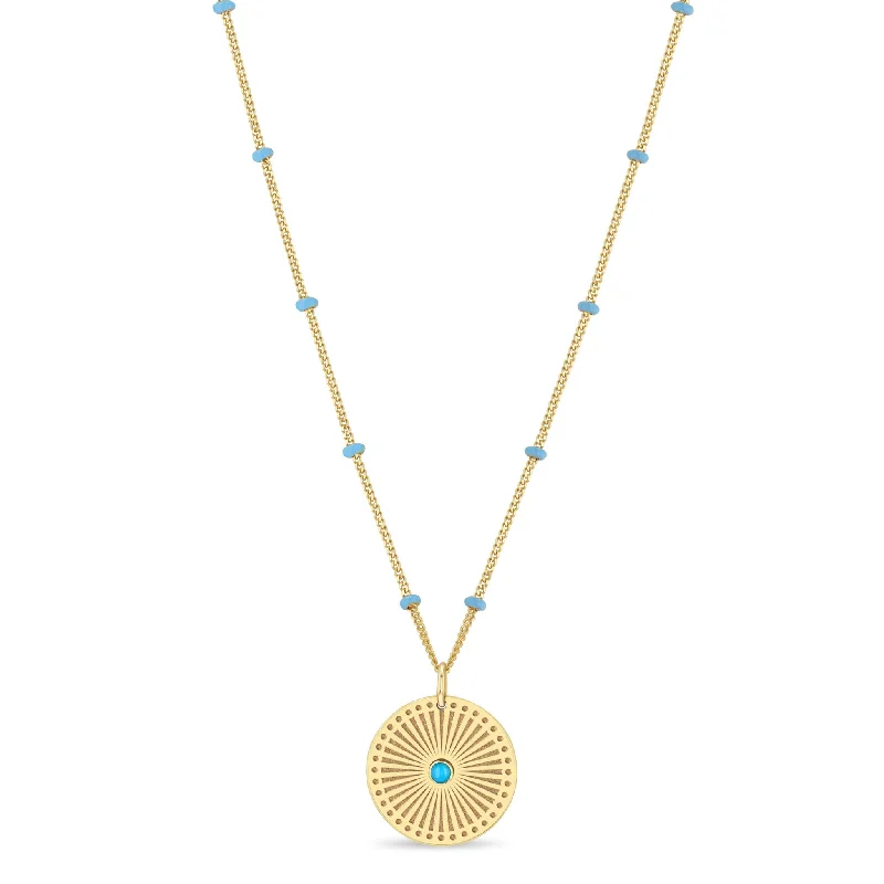 modern geometric pendant necklace -14k Gold Turquoise Sunbeam Medallion Satellite Chain Necklace