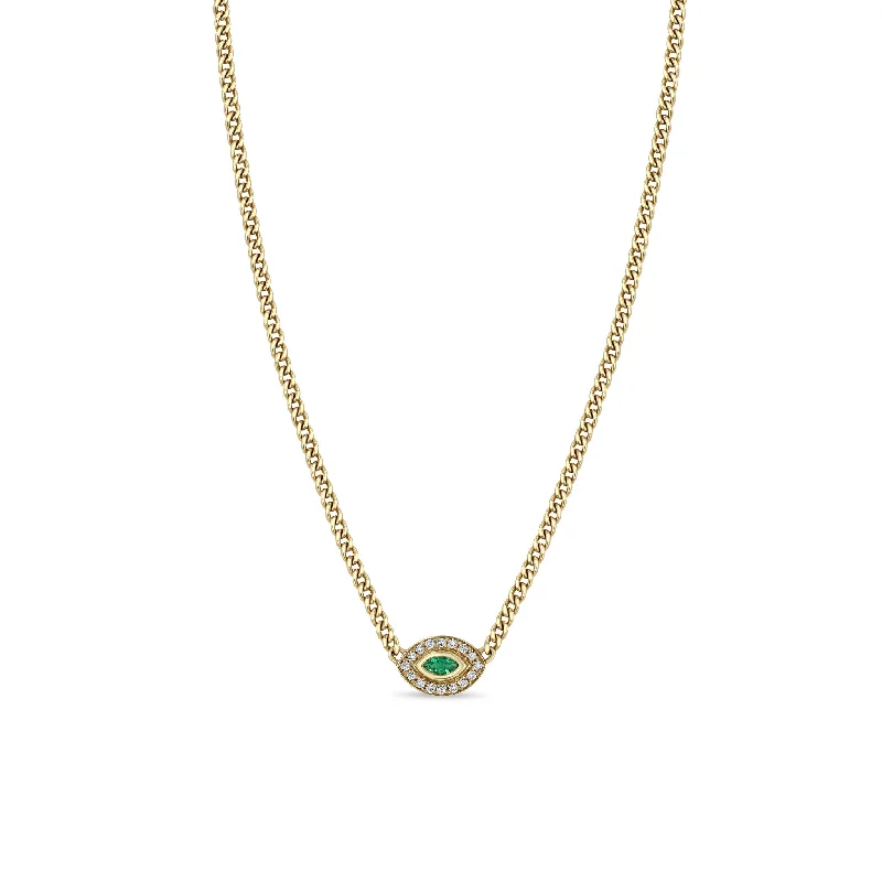 gold chain necklace with charms -14k XS Curb Chain Marquise Emerald Halo Necklace