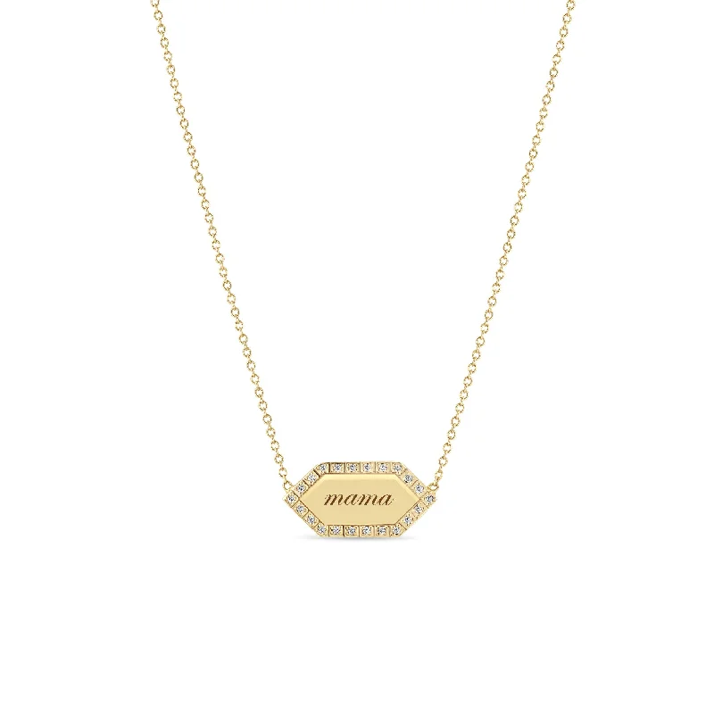 minimalist diamond necklace -14k "mama" Elongated Hexagon Pavé Diamond Border Tag Necklace