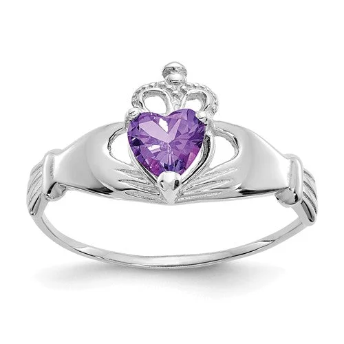 oval pendant necklace for women -14k White Gold February Amethyst CZ Heart Claddagh Ring