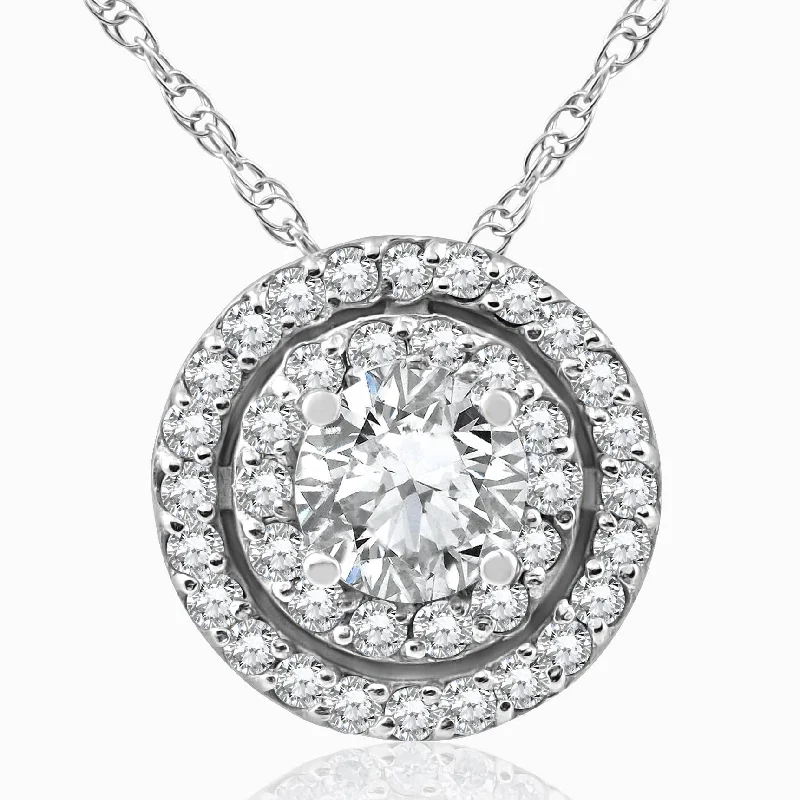 silver collar necklace for women -1ct Diamond Double Halo Pendant White Gold