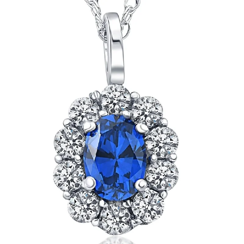 triple strand pearl necklace -2 ct Oval Created Blue Sapphire & Genuine Diamond Halo Pendant White Gold