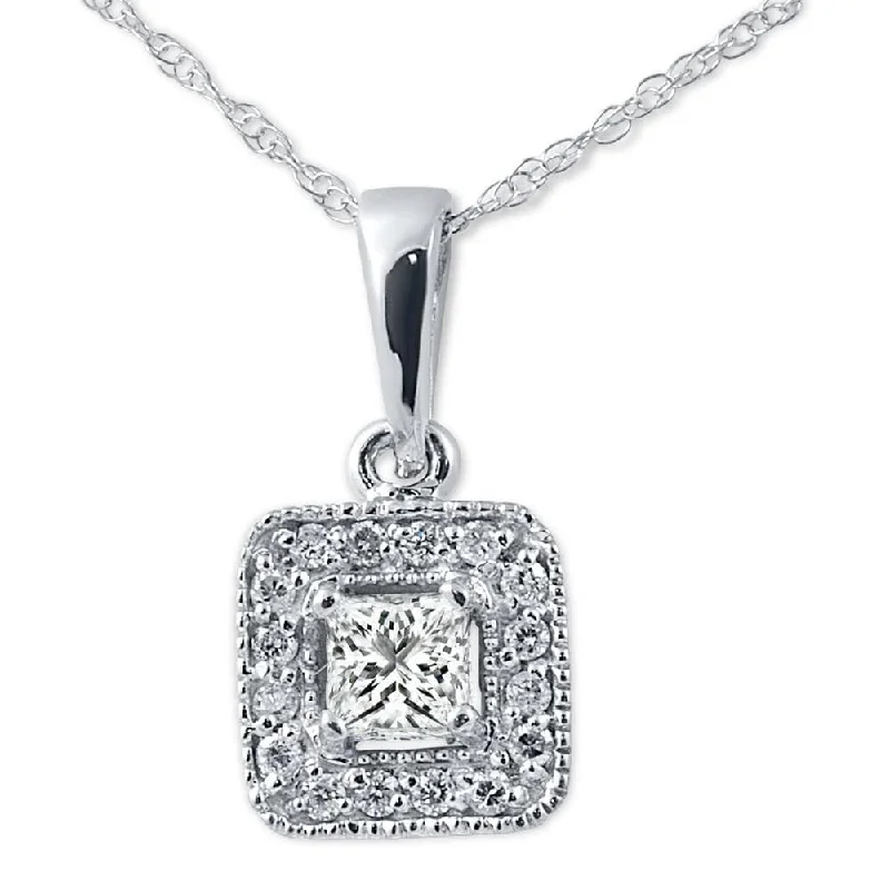 diamond choker necklace -3/8ct Princess Cut Solitaire Halo Vintage Pendant White Gold