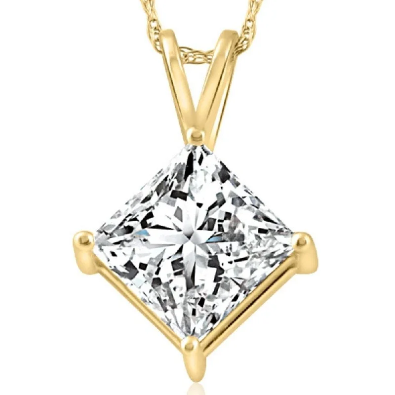 leather cord necklace with pendant -3Ct Certified Princess Cut Diamond Pendant Yellow Gold Lab Grown